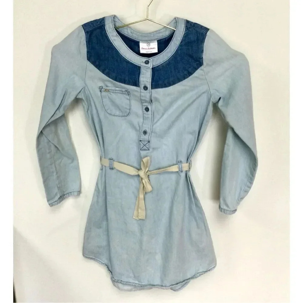 Hanna Anderson Girls Blue Belted Buttons Denim Long Sleeve Shirt Dress Size 8